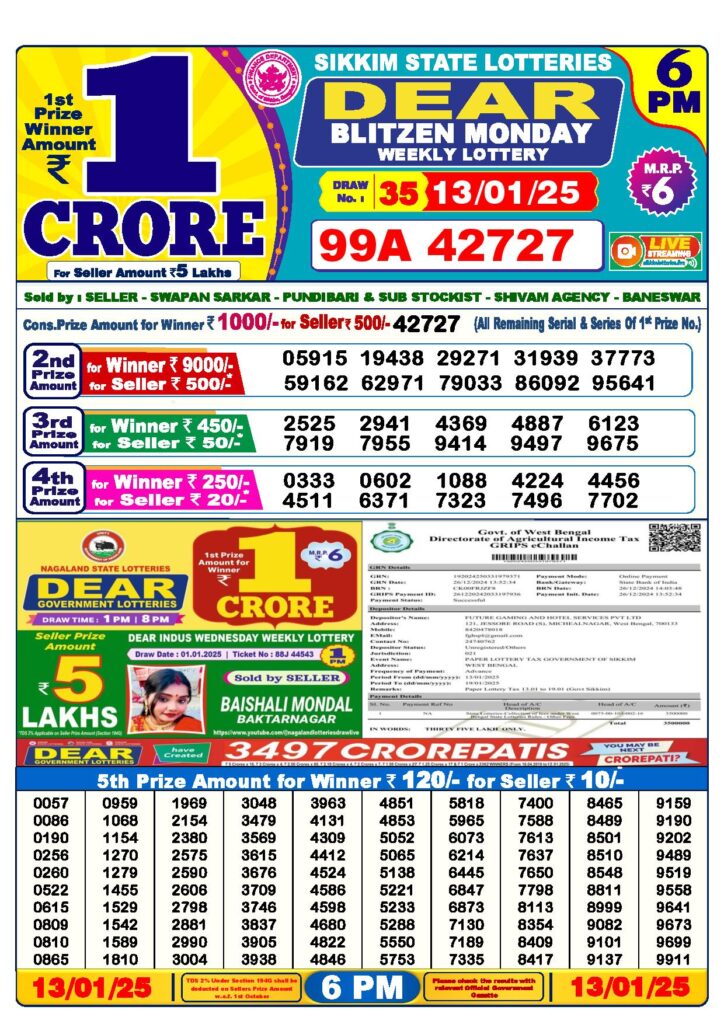 dear lottery result today 6 pm 13.01.2025