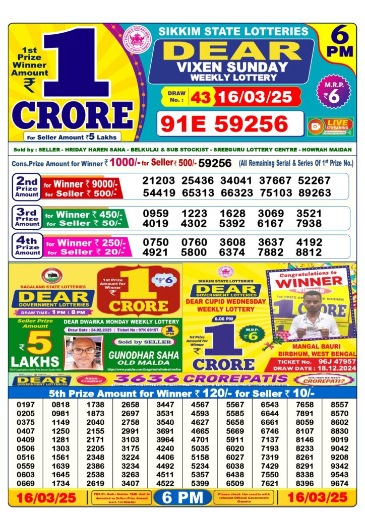 dear lottery result today 6 pm 16.03.2025