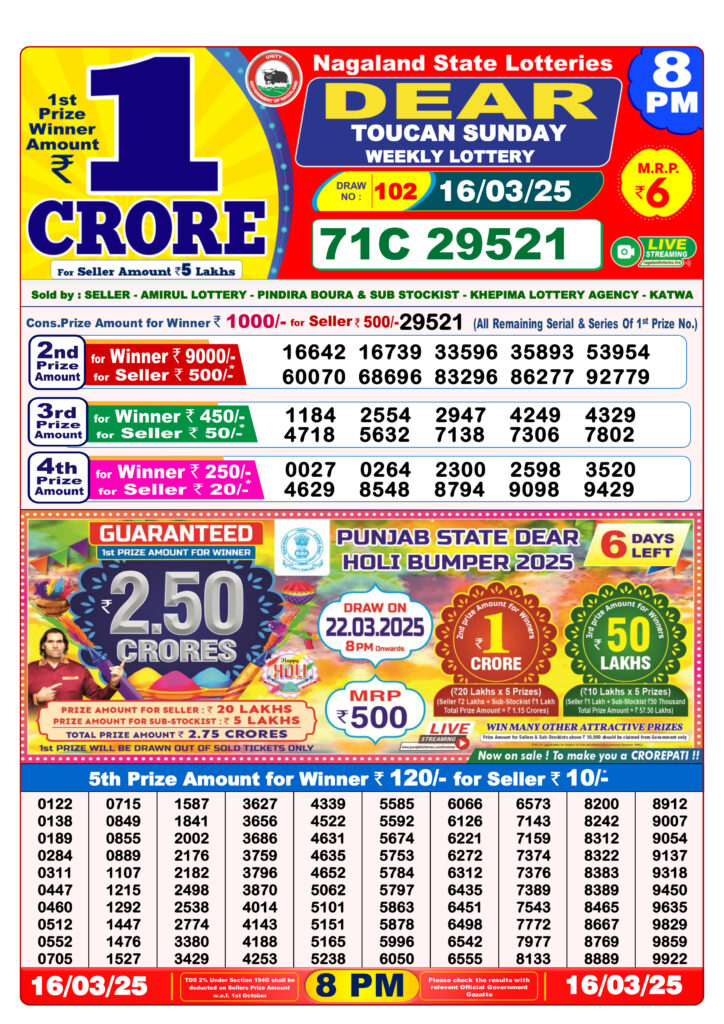 dear lottery result today 8 pm 16.03.2025