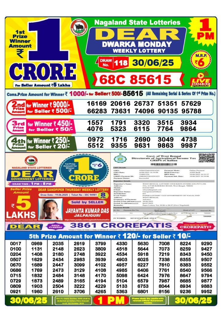 Dear Lottery 1 PM Result 30-6-2025