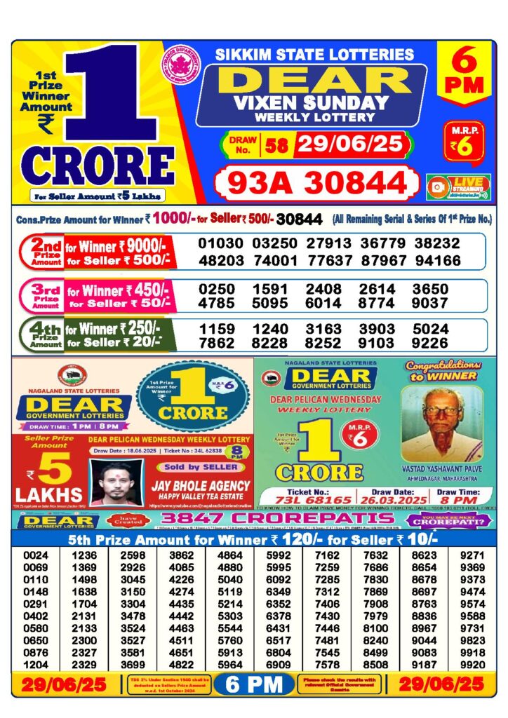 Dear Lottery 6 PM Result 29-6-2025