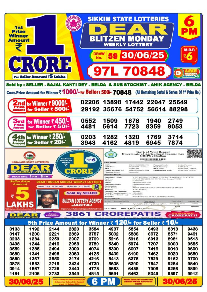 Dear Lottery 6 PM Result 30-6-2025