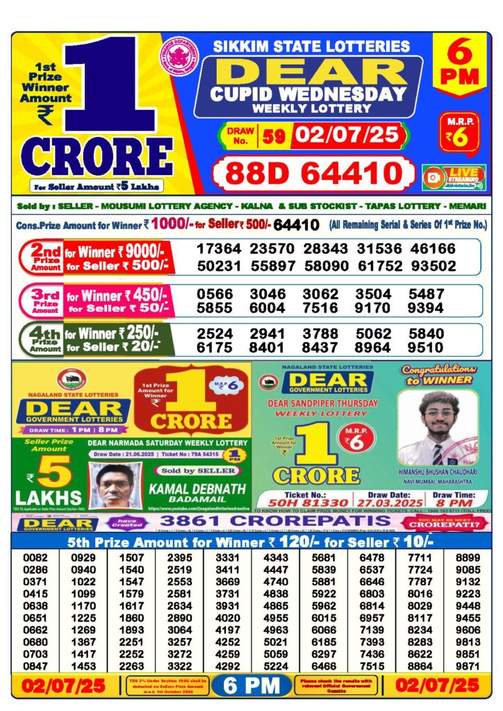 Dear Lottery 6 PM Result 2-7-2025