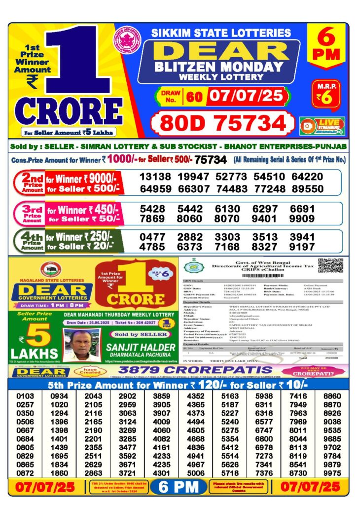 Dear Lottery 6 PM Result 7-7-2025