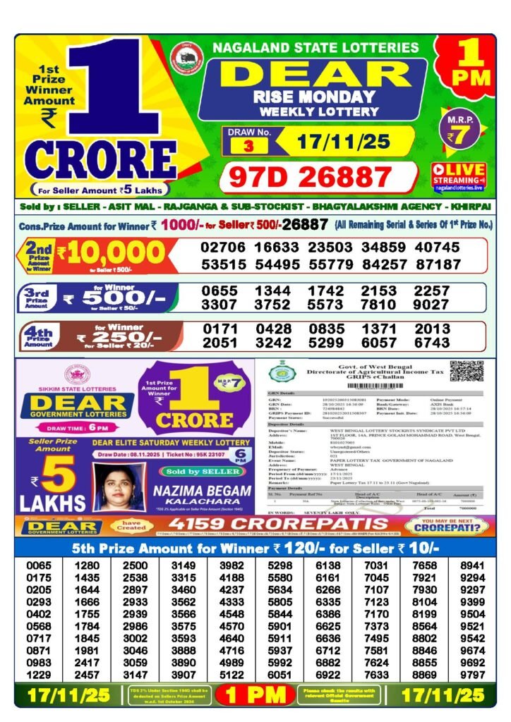 Dear Lottery Result Today 1 PM 17-11-2025