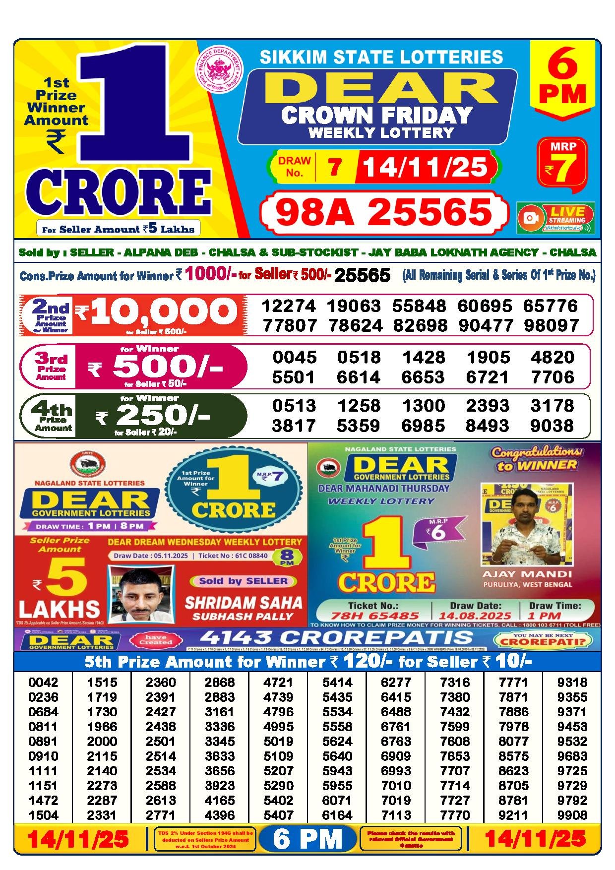 Dear Lottery Result Today 6 PM 14-11-2025