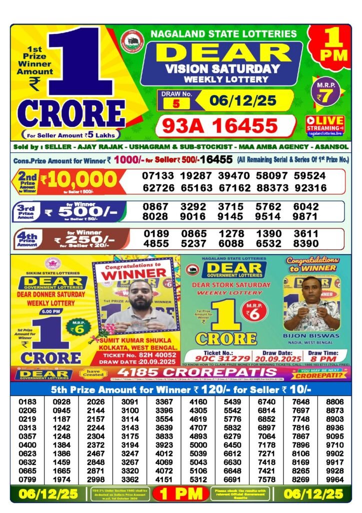 Dear Lottery Result Today 1 PM 6-12-2025