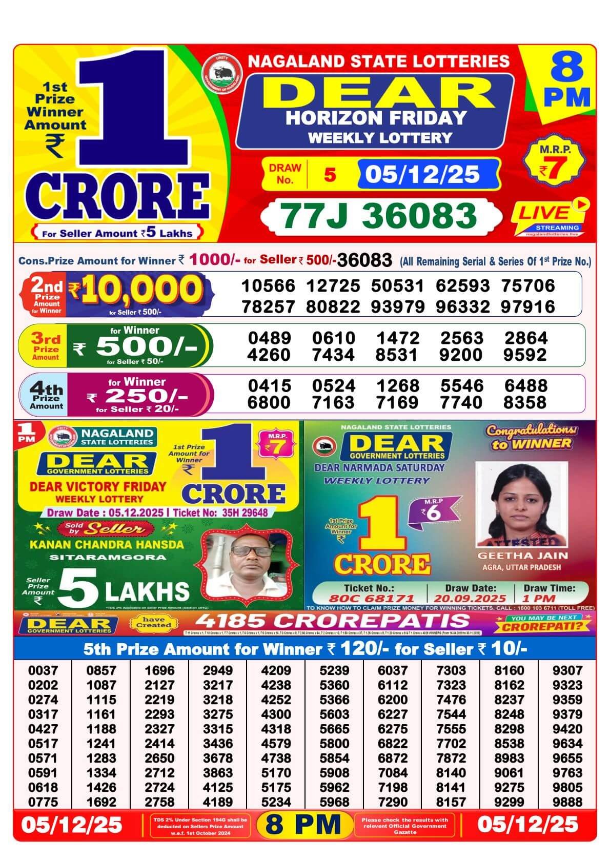 Dear Lottery Result Today 8 PM 5-12-2025