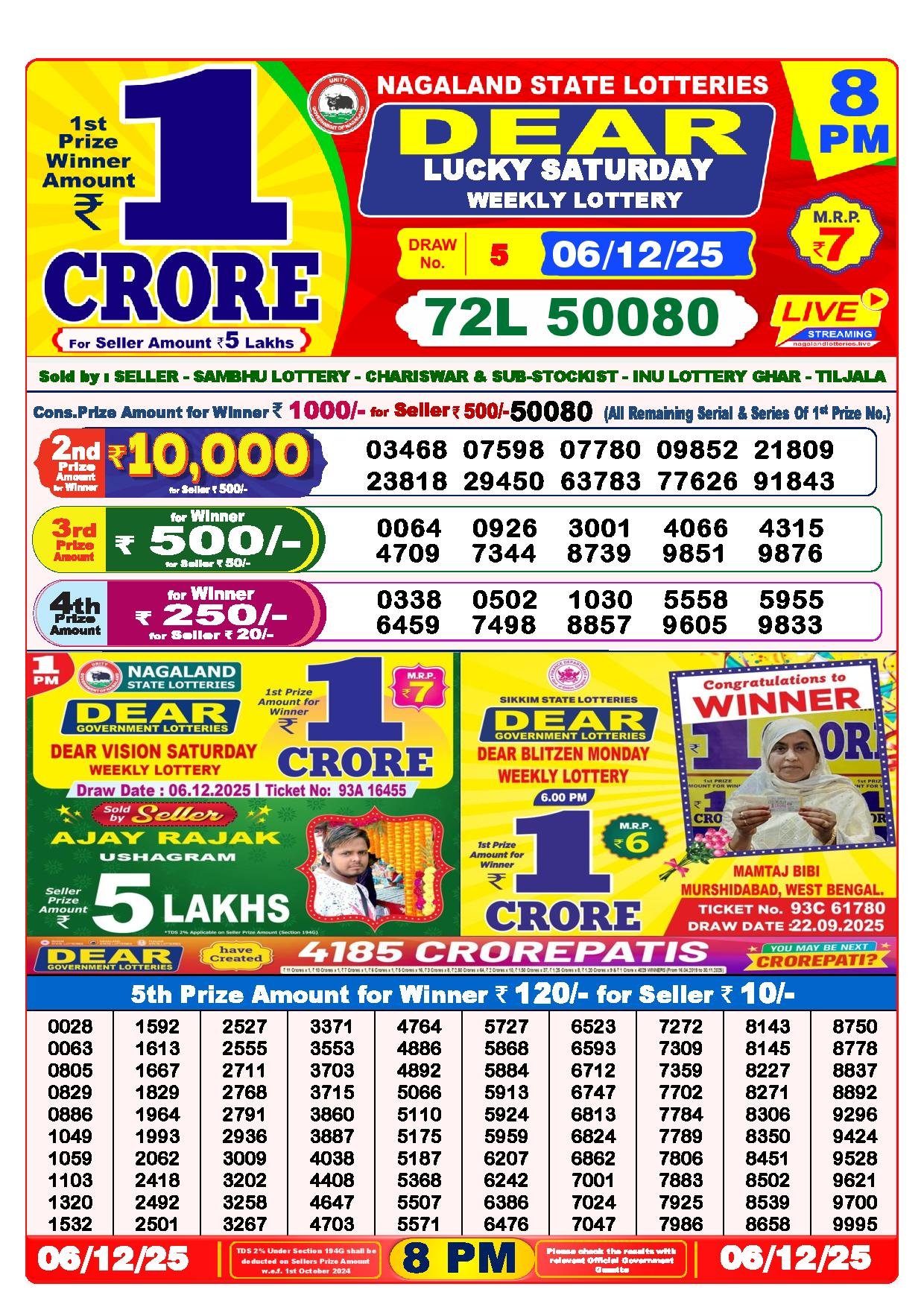 Dear Lottery Result Today 8 PM 6-12-2025
