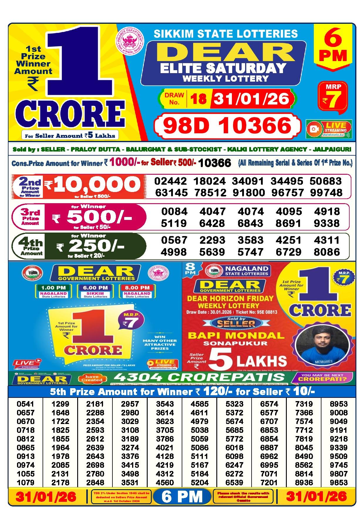 Dear Lottery Result Today 6 PM 31-01-2026
