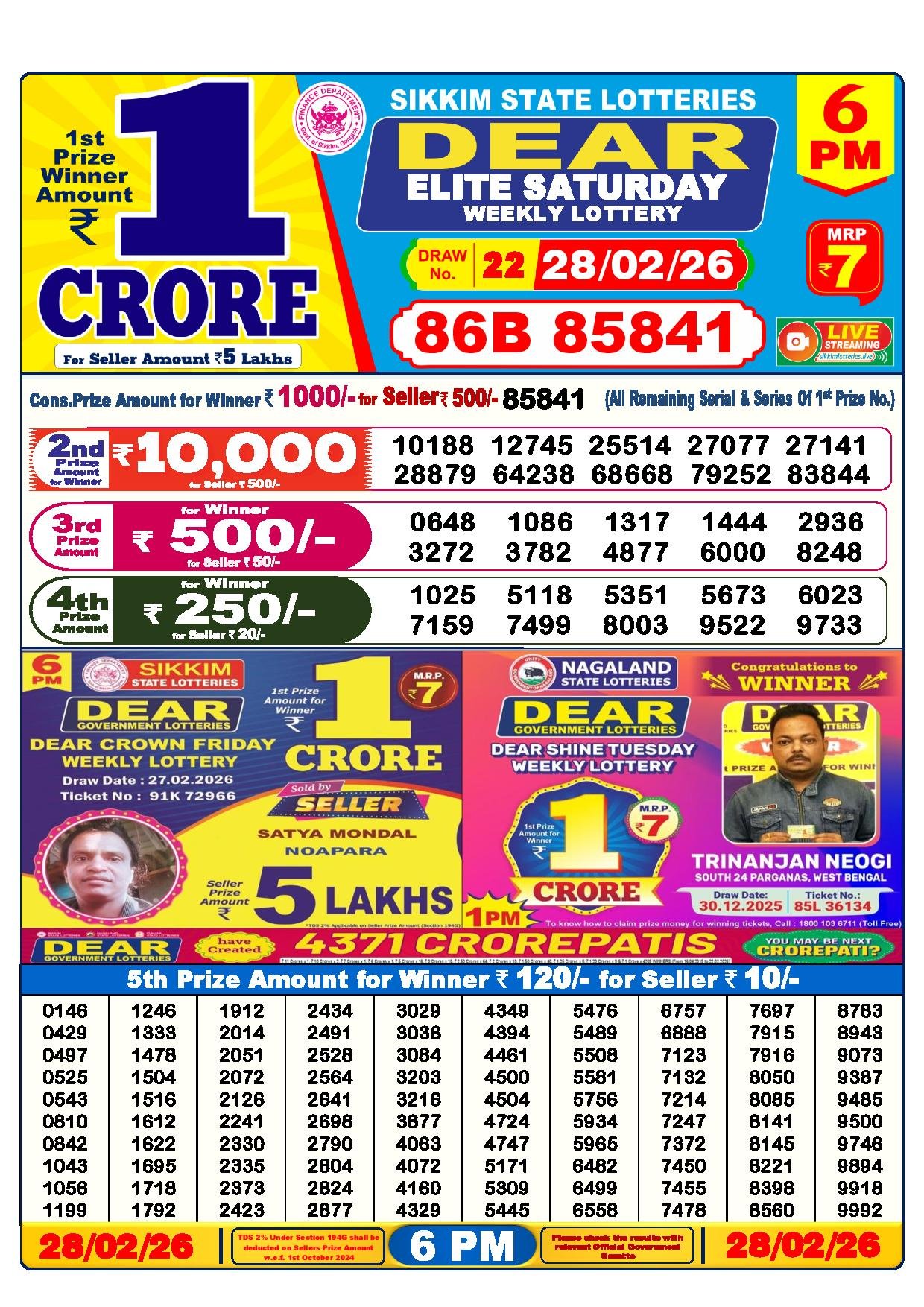 Dear Lottery Result Today 6 PM 28-02-2026