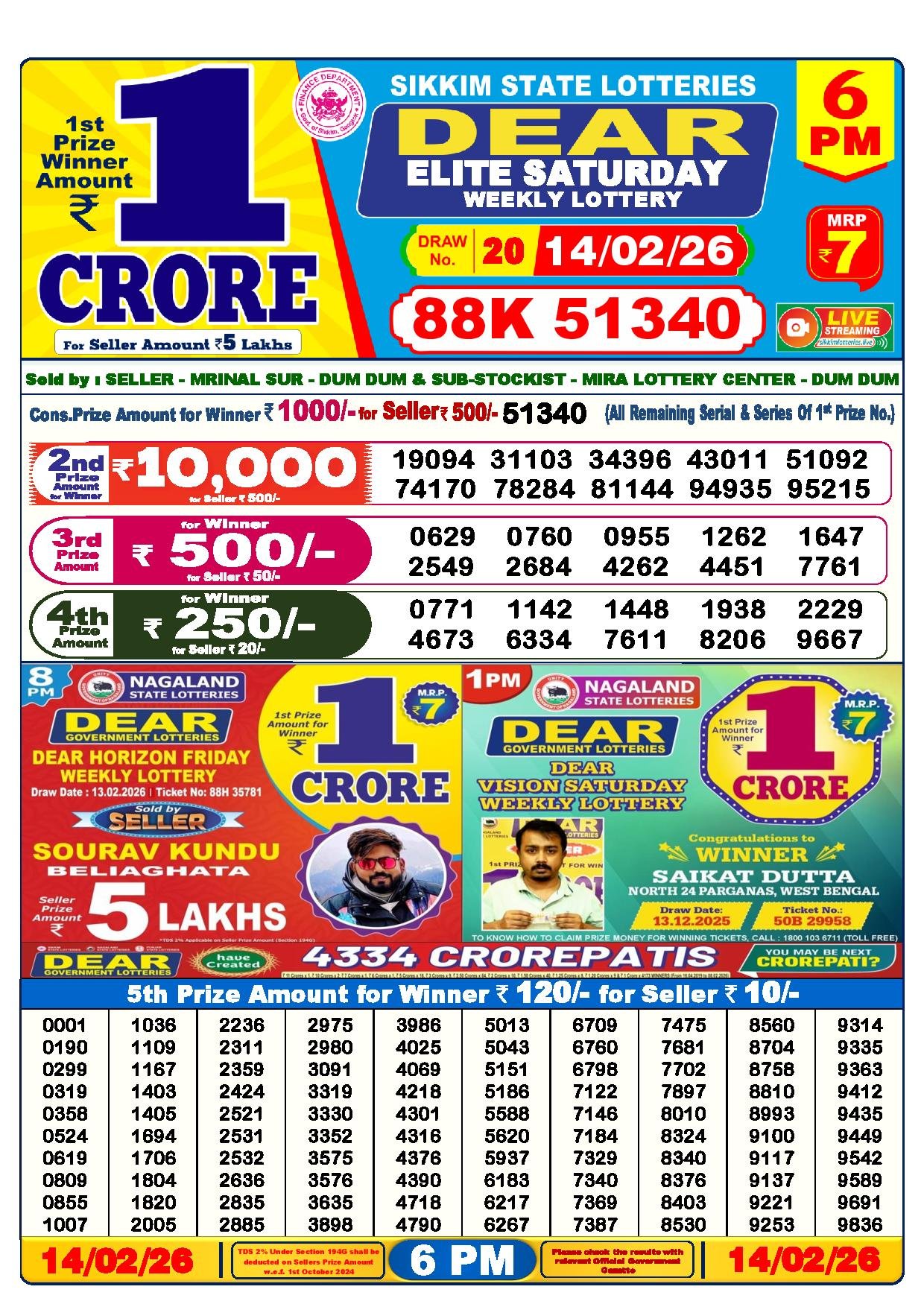Dear Lottery Result Today 1 PM 14-02-2026