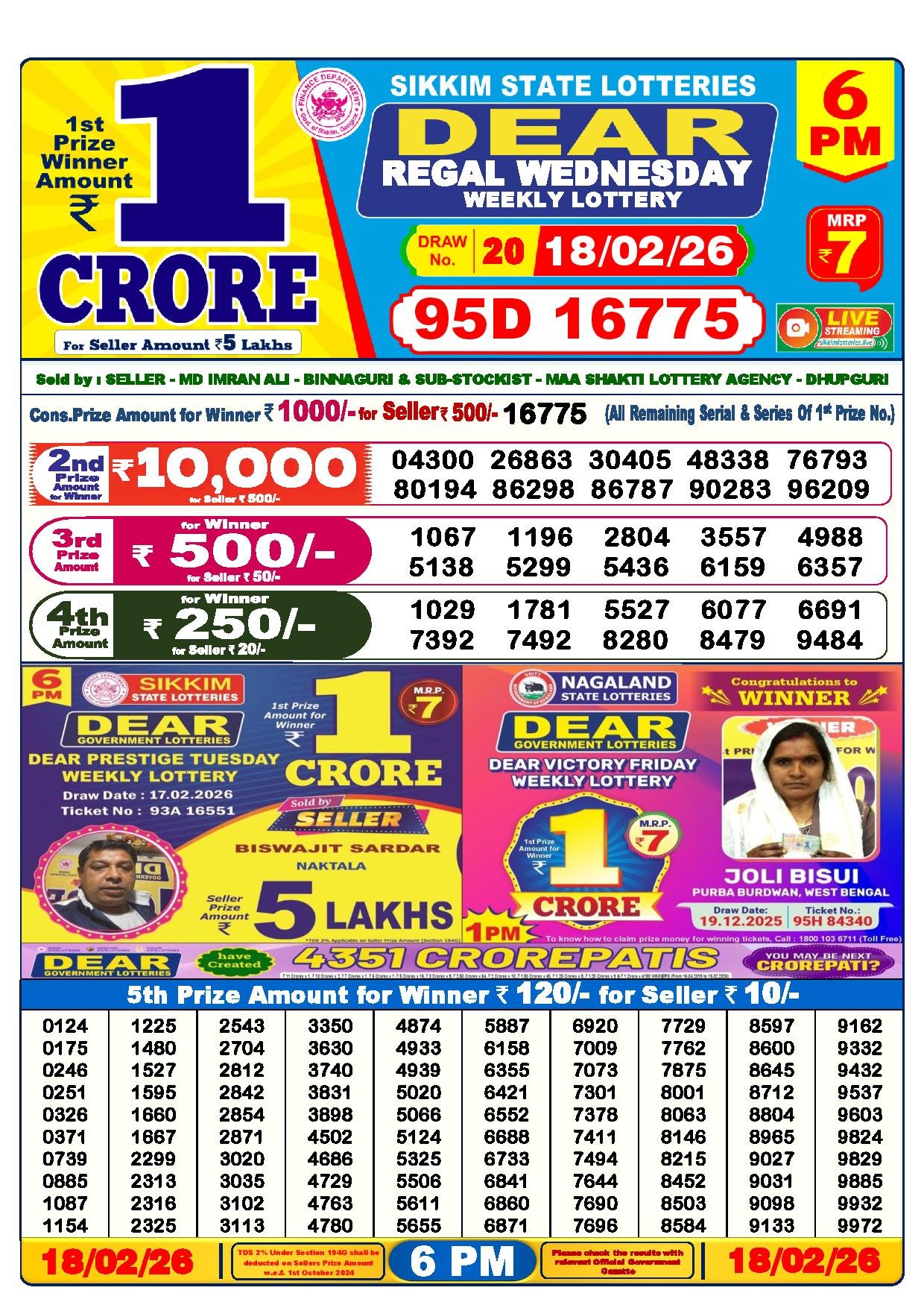 Dear Lottery Result Today 6 PM 18-02-2026