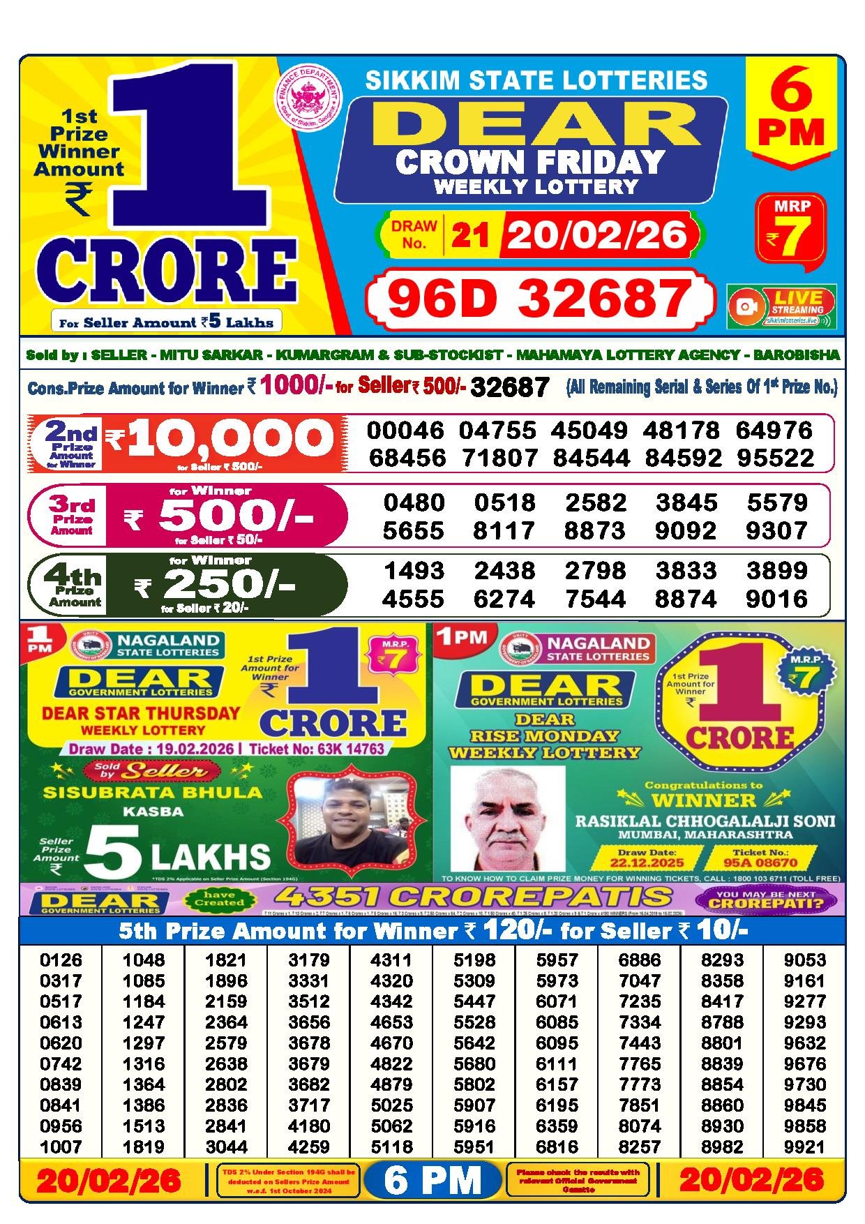 Dear Lottery Result Today 6 PM 20-02-2026