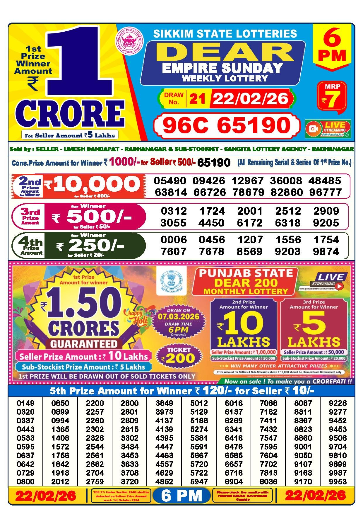 Dear Lottery Result Today 6 PM 22-02-2026
