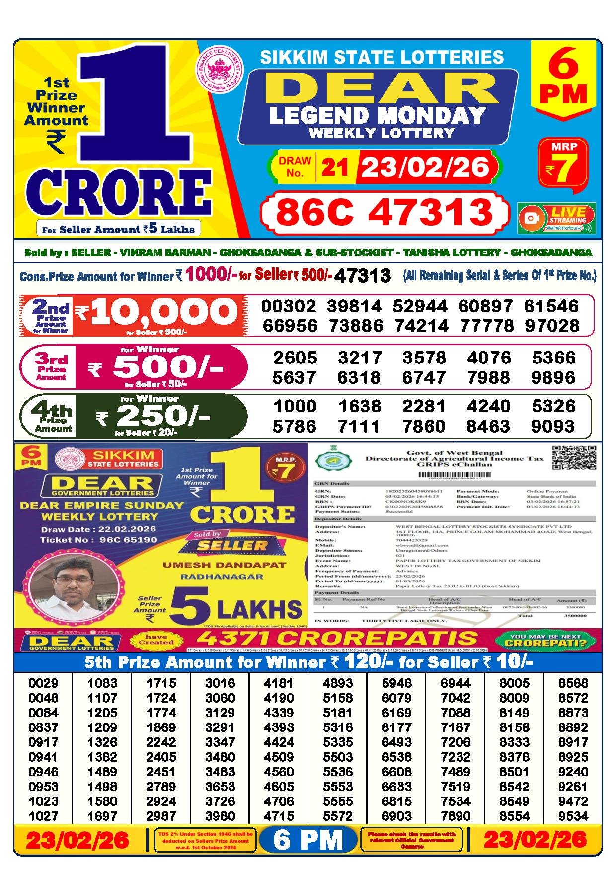 Dear Lottery Result Today 6 PM 23-02-2026