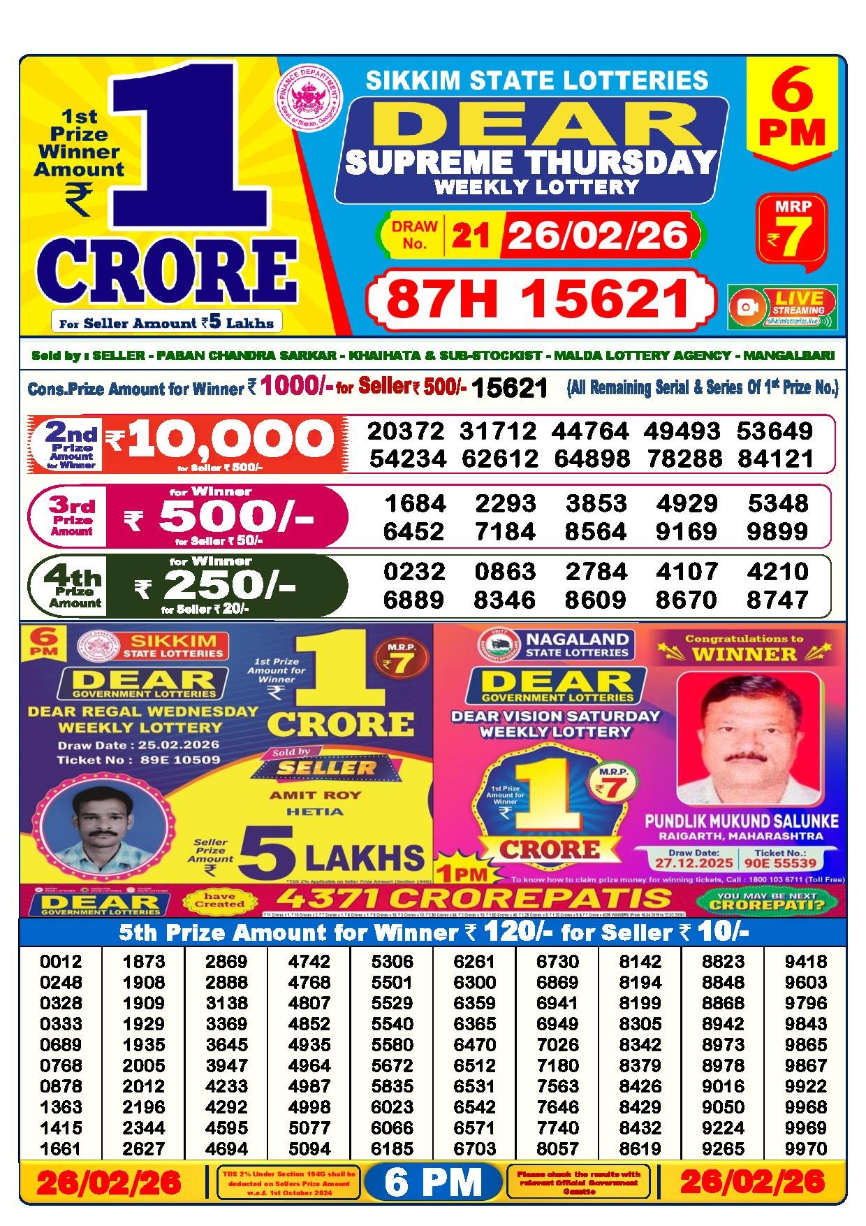 Dear Lottery Result Today 6 PM 26-02-2026
