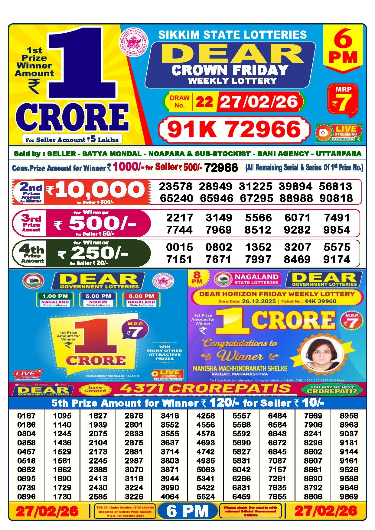 Dear Lottery Result Today 6 PM 27-02-2026