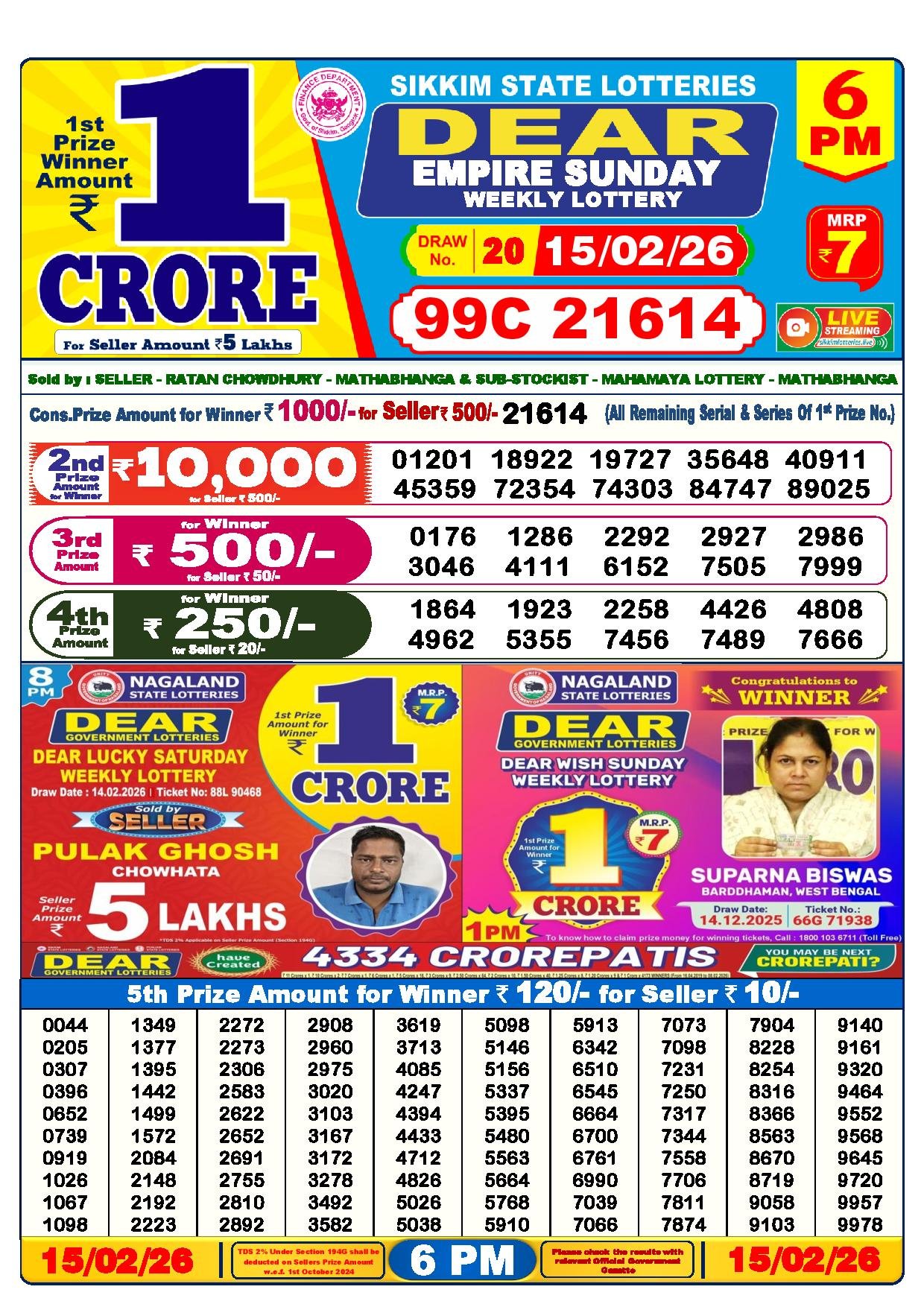 Dear Lottery Result Today 1 PM 15-02-2026