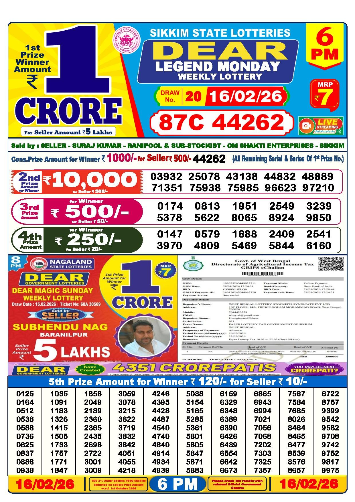 Dear Lottery Result Today 1 PM 16-02-2026