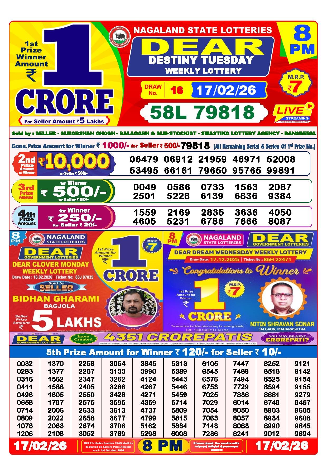Dear Lottery Result Today 8 PM 17-02-2026