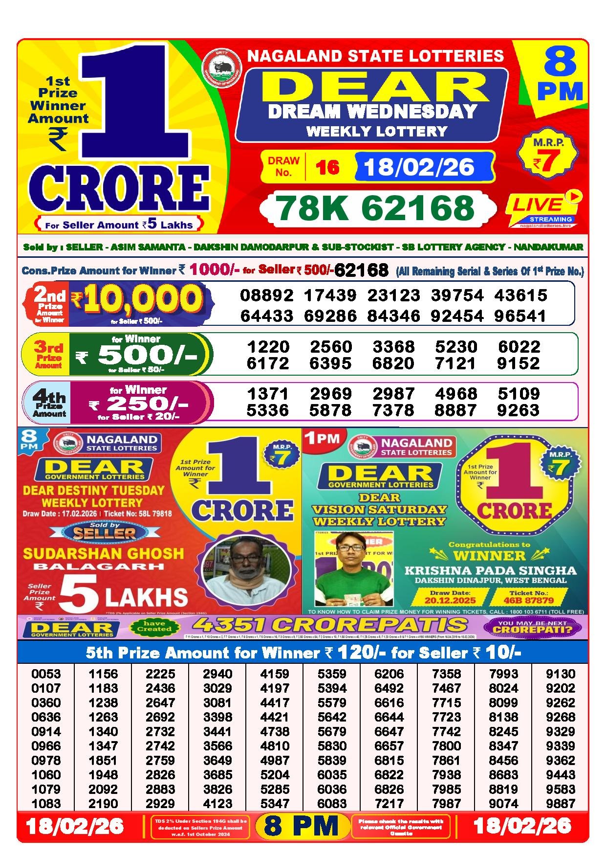 Dear Lottery Result Today 8 PM 18-02-2026