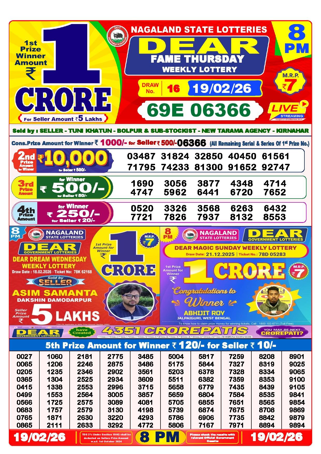 Dear Lottery Result Today 8 PM 19-02-2026