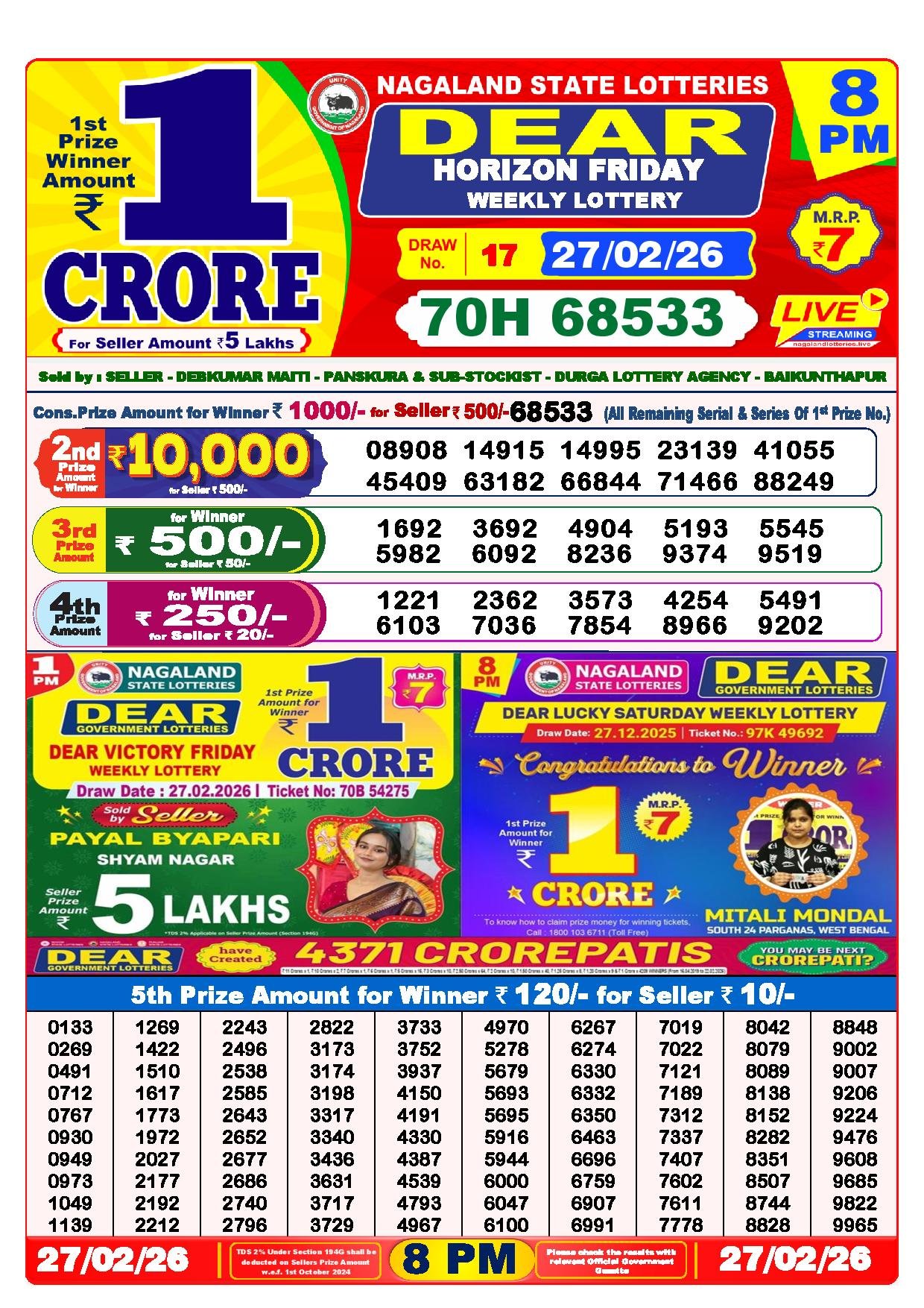 Dear Lottery Result Today 8 PM 27-02-2026