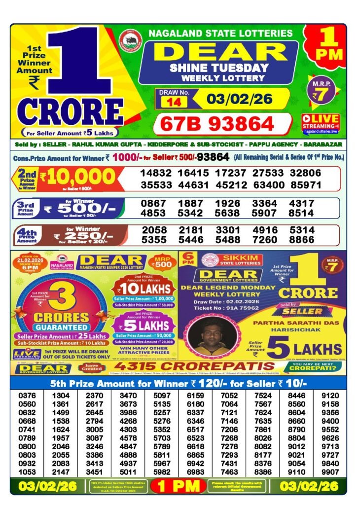 Dear Lottery Result Today 1 PM 03-02-2026