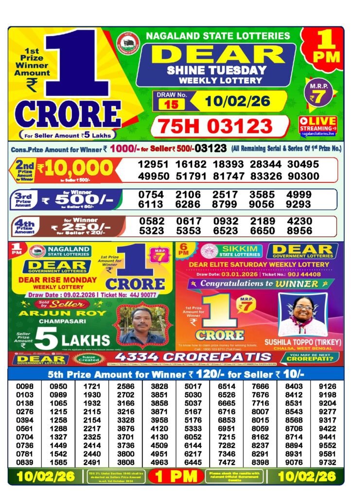 Dear Lottery Result Today 1 PM 10-02-2026