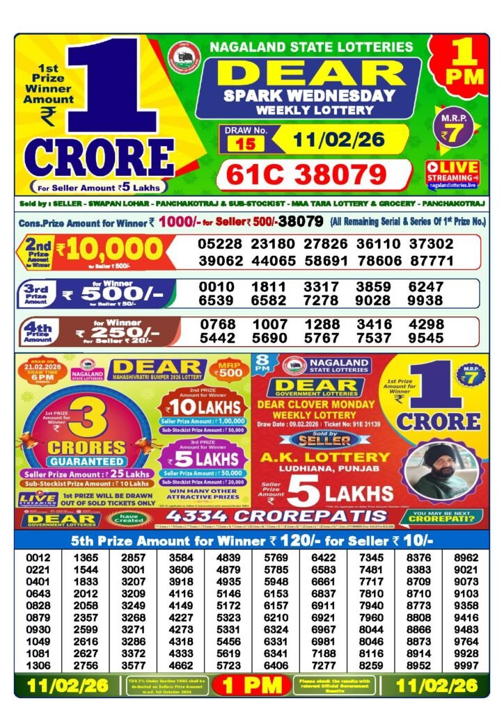 Dear Lottery Result Today 1 PM 11-02-2026