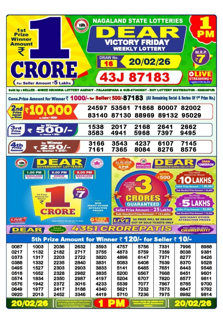 Dear Lottery Result Today 1 PM 20-02-2026