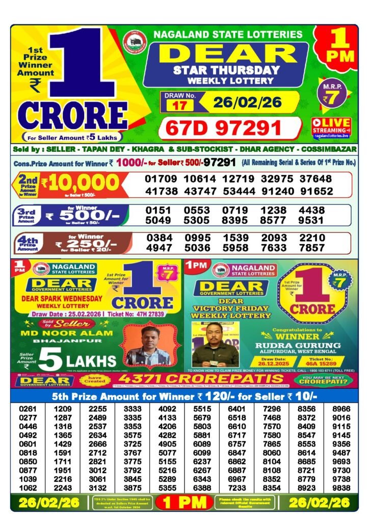 Dear Lottery Result Today 1 PM 26-02-2026