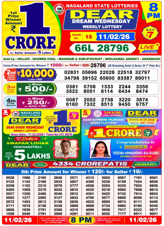 Dear Lottery Result Today 6 PM 11-02-2026