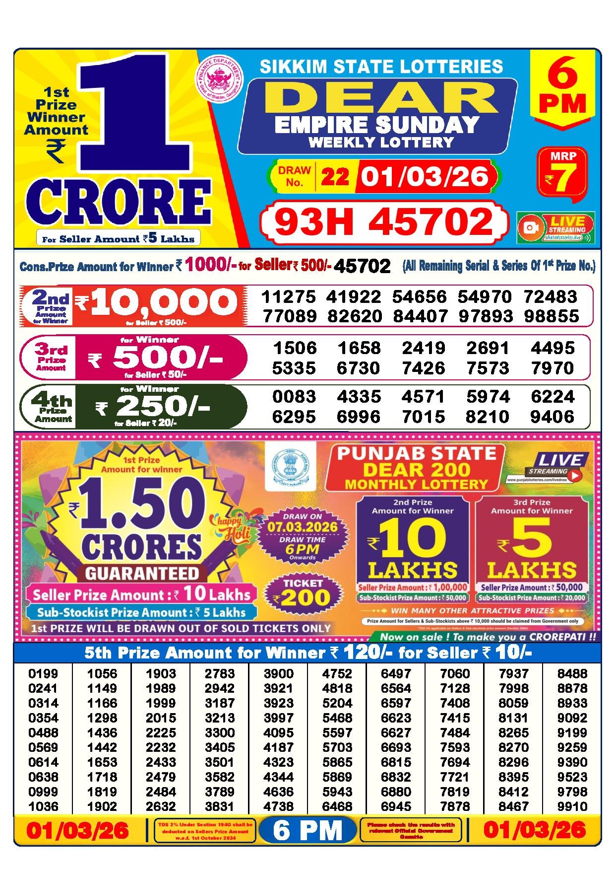 Dear Lottery Result Today 6 PM 01-03-2026