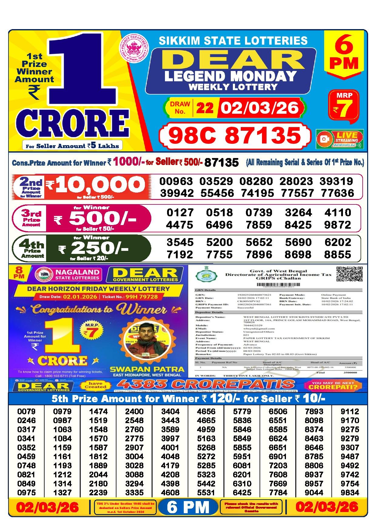 Dear Lottery Result Today 6 PM 02-03-2026