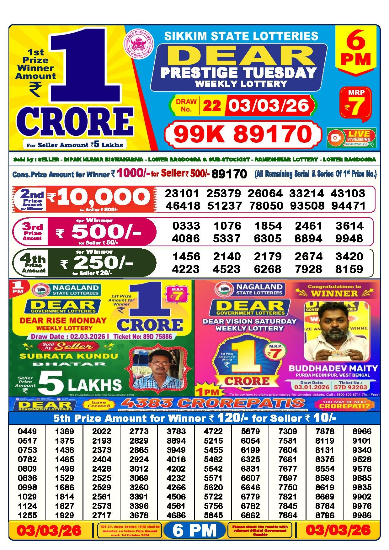 Dear Lottery Result Today 6 PM 03-03-2026
