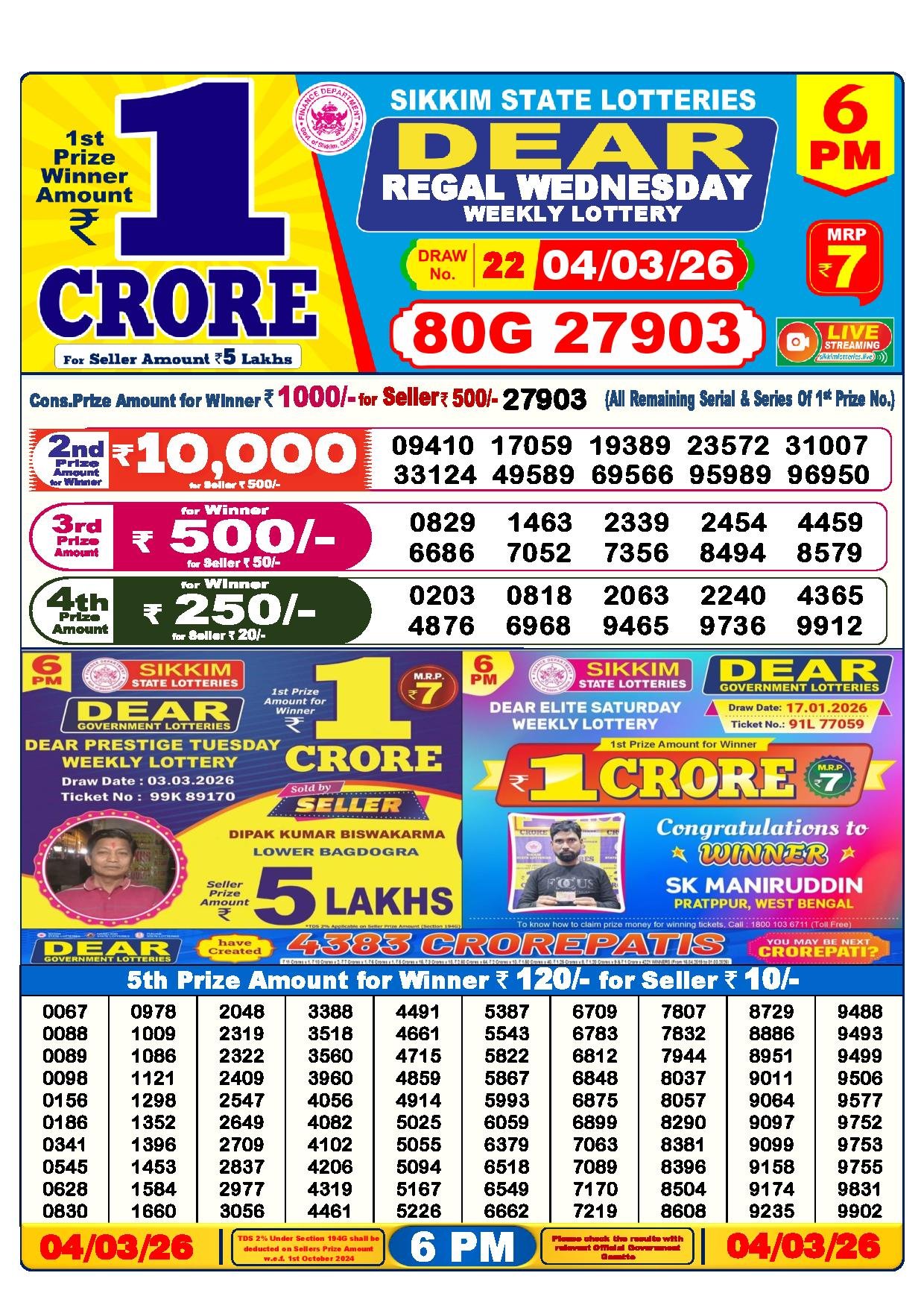 Dear Lottery Result Today 6 PM 04-03-2026
