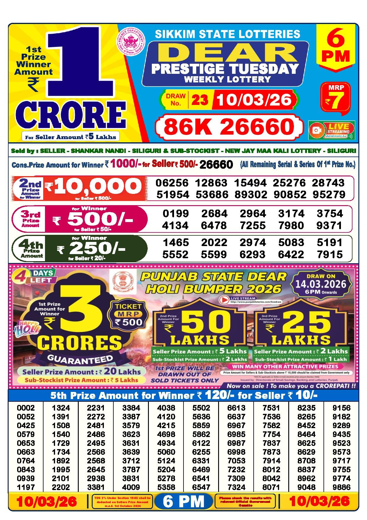 Dear Lottery Result Today 6 PM 10-03-2026