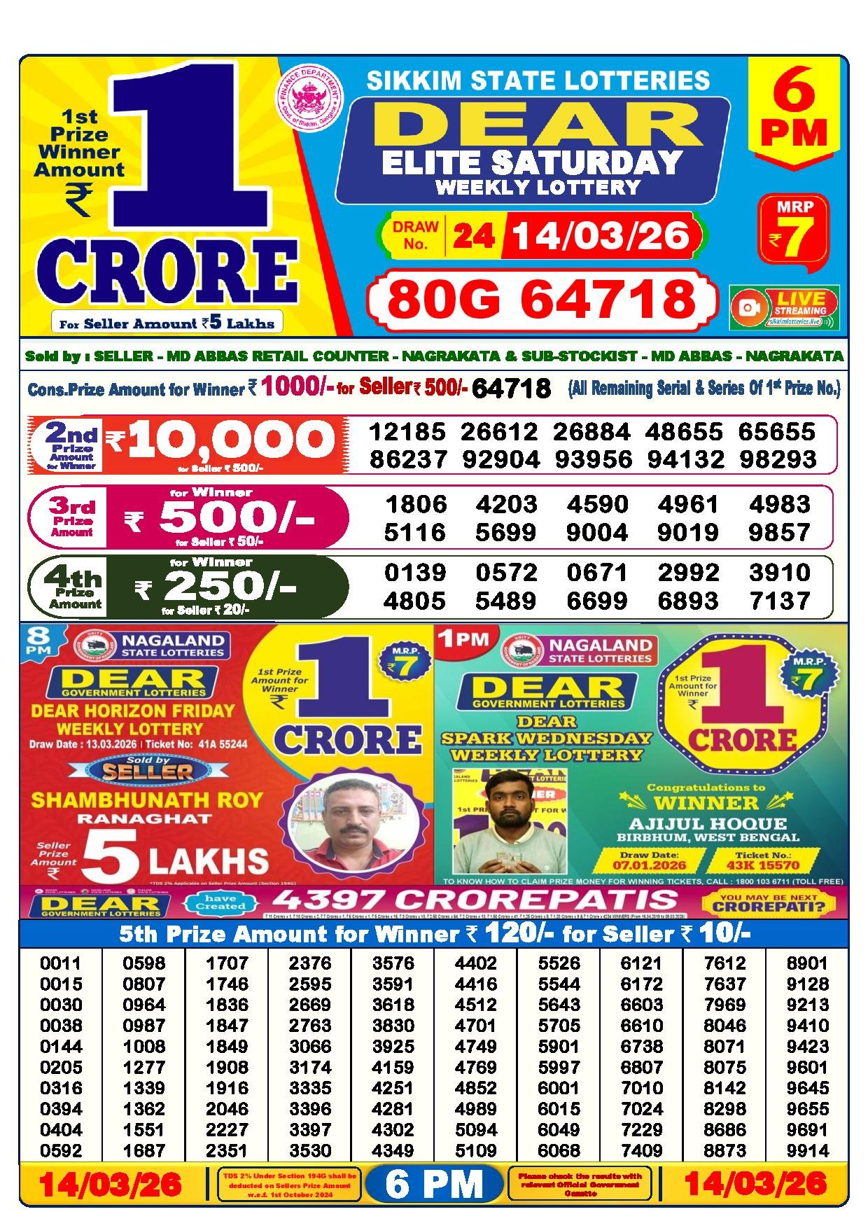 Dear Lottery Result Today 6 PM 14-03-2026
