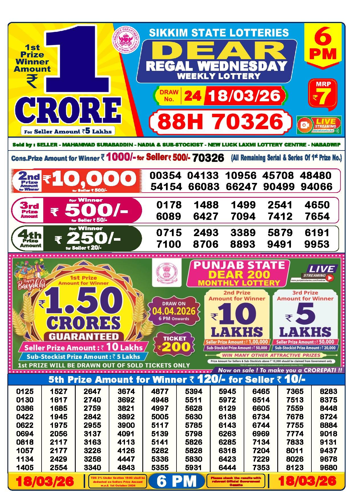 Dear Lottery Result Today 6 PM 18-03-2026

