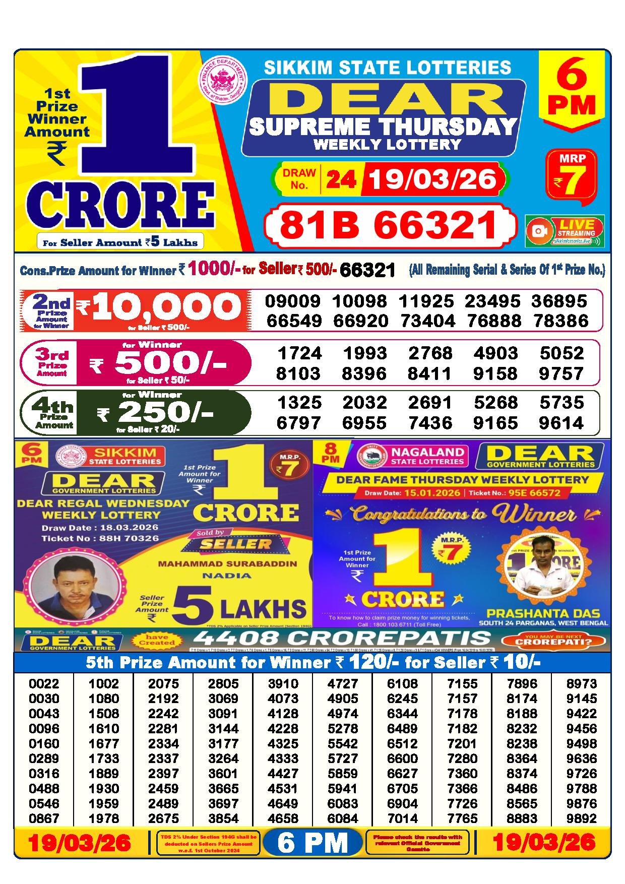 Dear Lottery Result Today 6 PM 19-03-2026