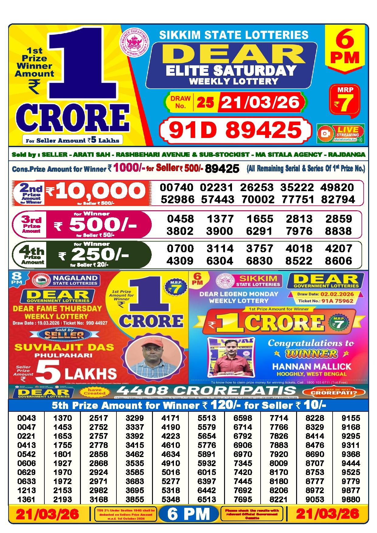 Dear Lottery Result Today 6 PM 21-03-2026