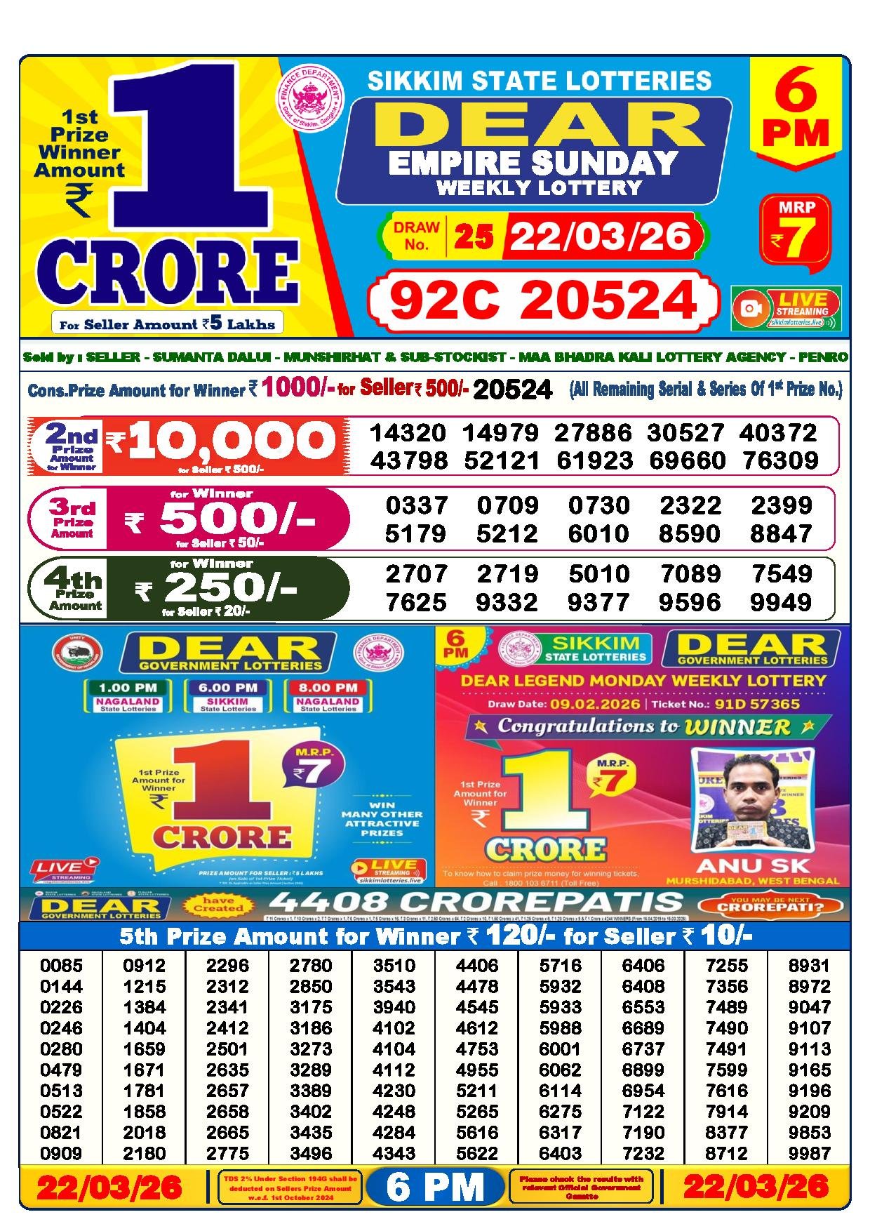 Dear Lottery Result Today 6 PM 22-03-2026