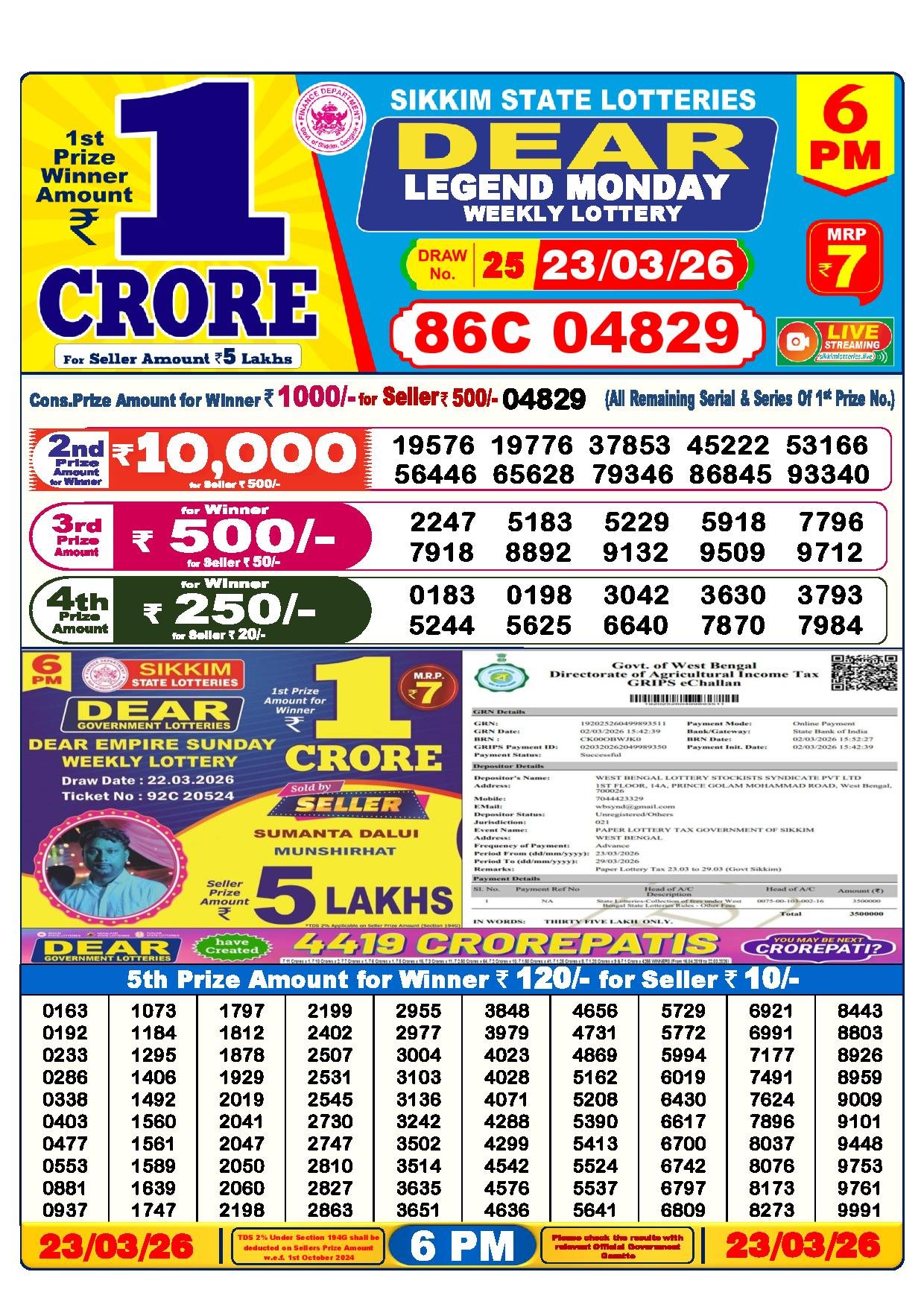 Dear Lottery Result Today 6 PM 23-03-2026