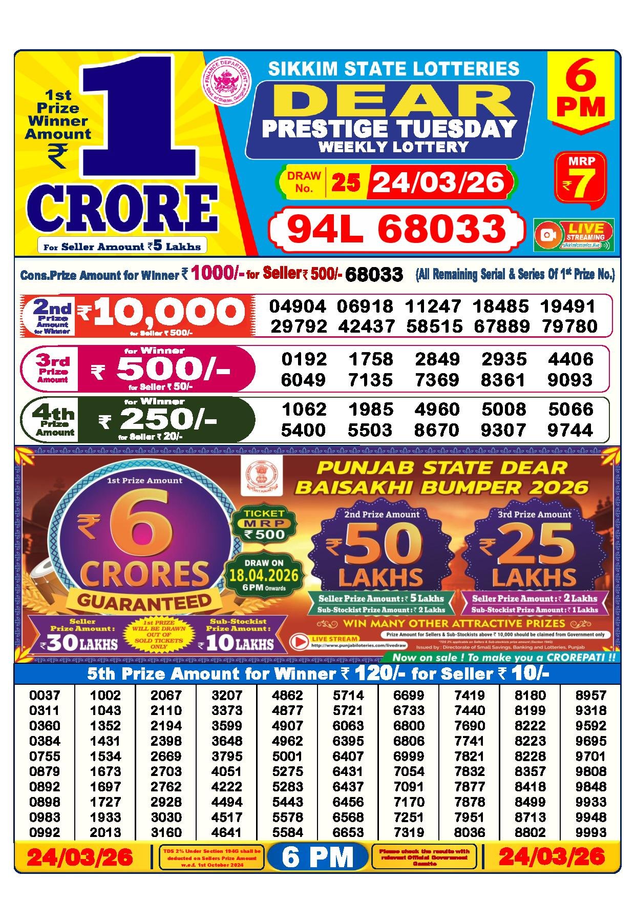Dear Lottery Result Today 6 PM 24-03-2026
