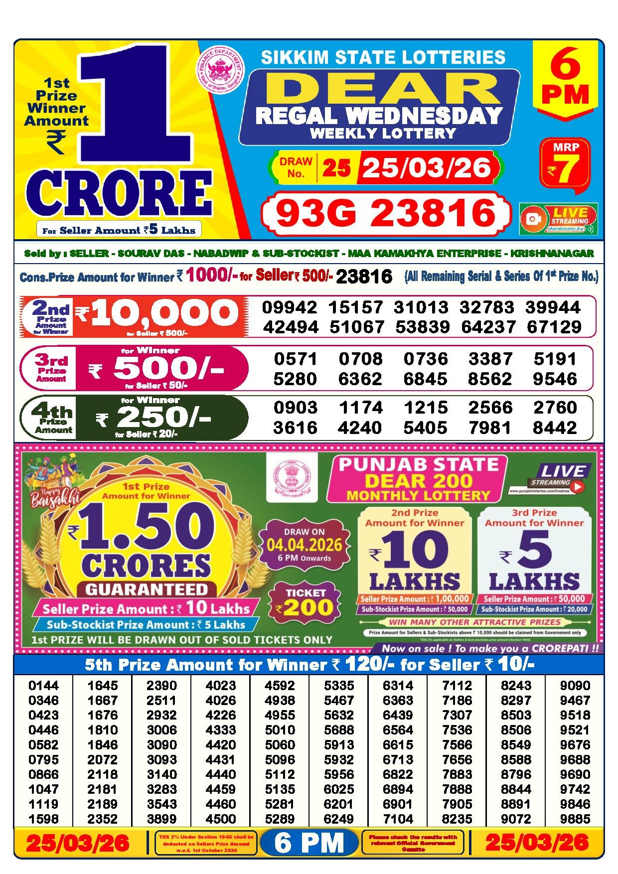 Dear Lottery Result Today 6 PM 25-03-2026