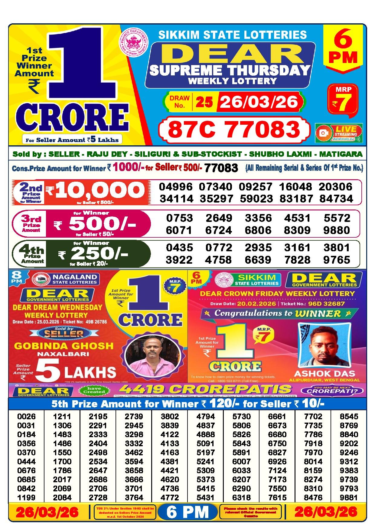Dear Lottery Result Today 6 PM 26-03-2026