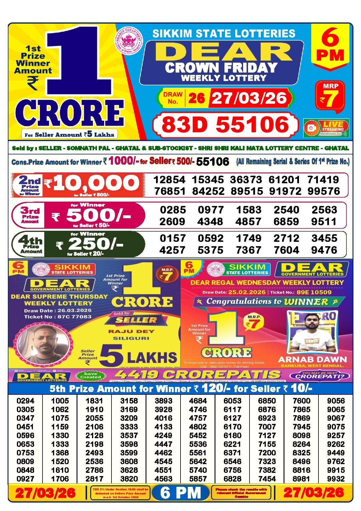 Dear Lottery Result Today 6 PM 27-03-2026