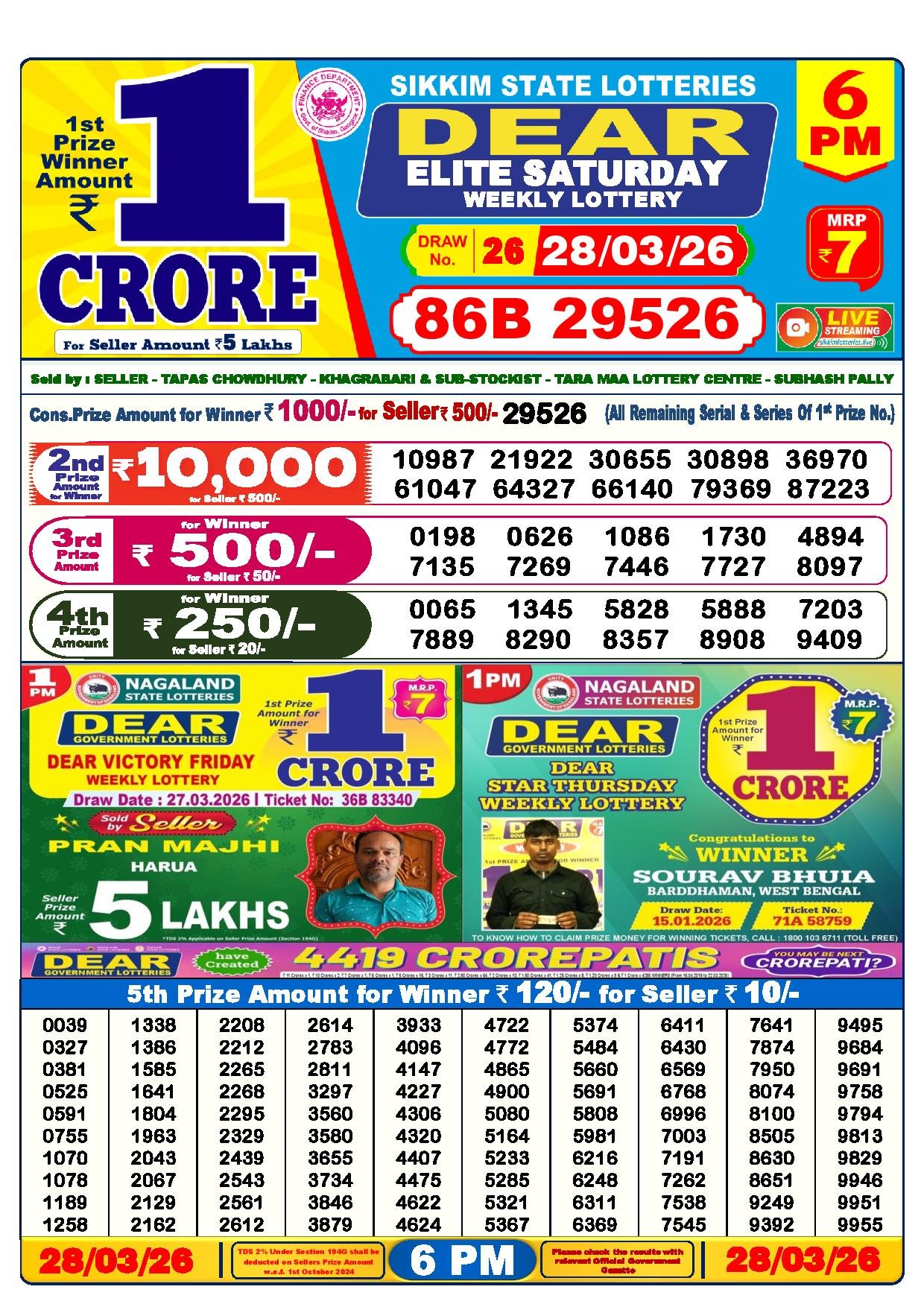 Dear Lottery Result Today 6 PM 28-03-2026
